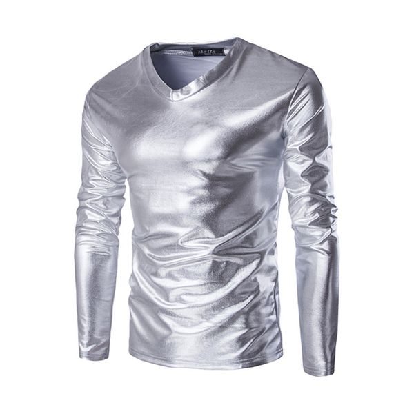 

hipster men faux leather shiny t-shirt casual long sleeve v-neck solid color undershirt kg-96, White;black