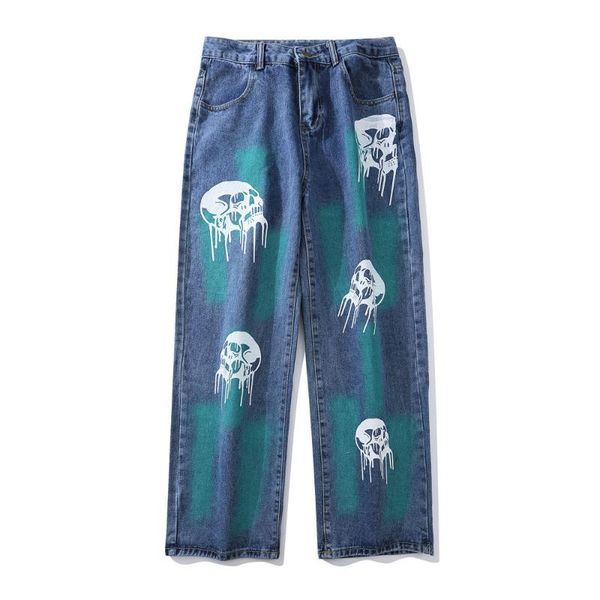 

men's jeans 2021 high street trend print skull men oversized pants loose straight, Blue