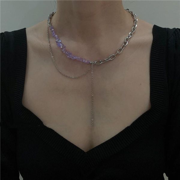 

pendant necklaces 2021 korea fashion ins white purple stone silver color metal chain hip-hop necklace for women clavicle jewelry gifts