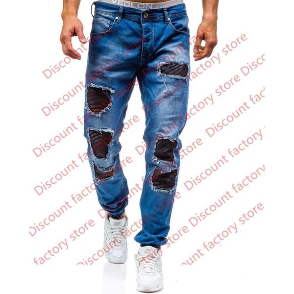 

fashion hole leisure tide jeans men's cotton long trousers 2 color denim trousers casual straight jeans men bottoms big size 38, Blue
