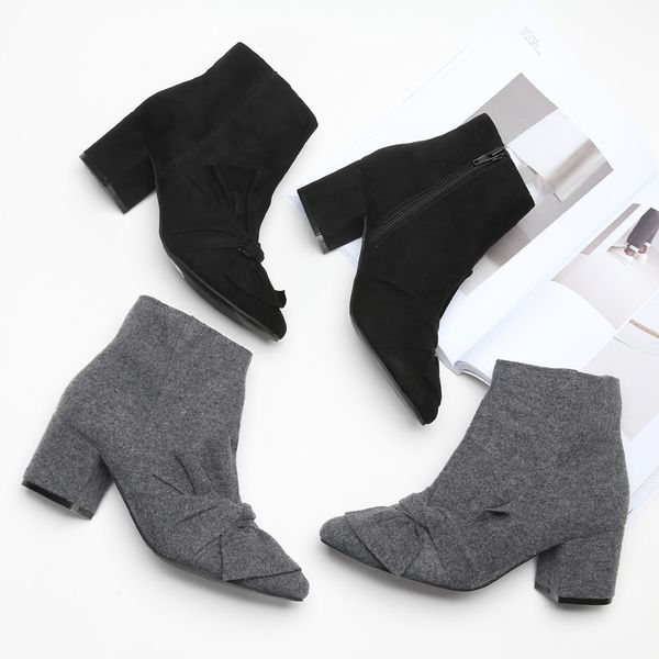 

french single steady thick heel bow short large boots women's boots, Black