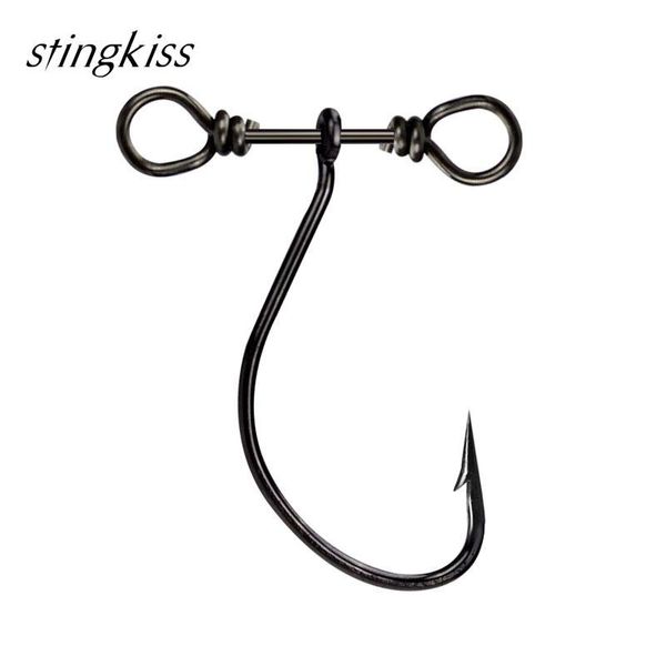 

stingkiss 20pcs single hook 2.5cm/0.4g black nickel worm hook double hole rotating ring weigher soft bait