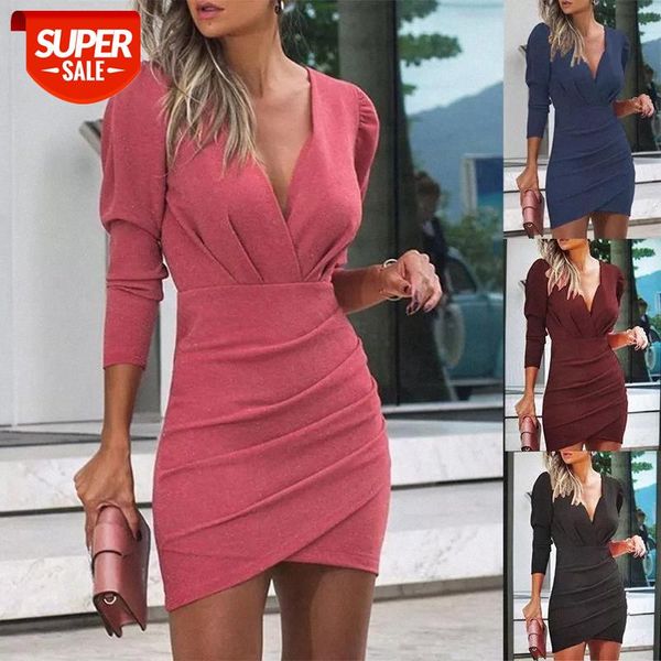 

deep v neck solid pleated mini women dresses spring elegant long sleeve slim warp hip party dress office lady bodycon dress #tl46, White;black