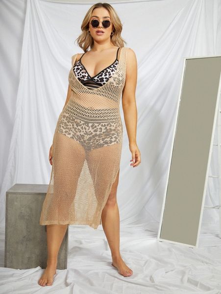 

plus split thigh knitted cover up g911#, Black