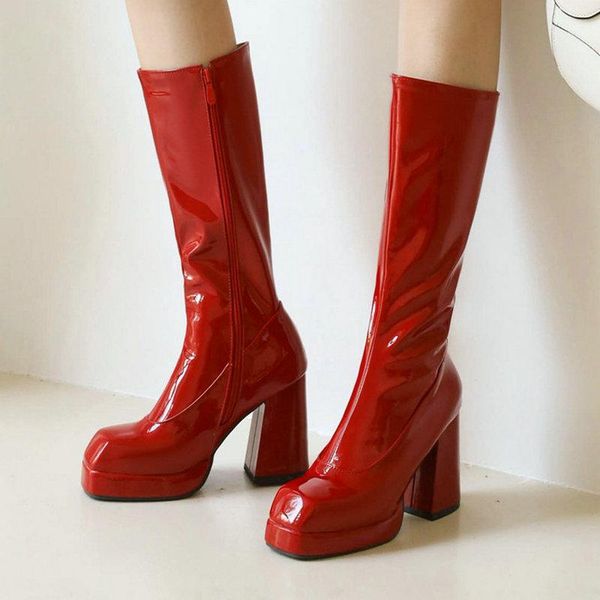 

boots sianie tianie 2021 patent pu leather red white black platform block high heels knee women stretch big size 47 48