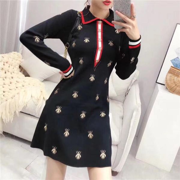 

casual dresses 2021 autumn bees embroidery dress long sleeve a-line ladies elegant embroidered mini sweater vestidos g947, Black;gray