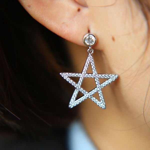 

other luxury 925 sterling silver pentagram earrings for female double star design diamond women wedding jewelry party gift, Golden;silver