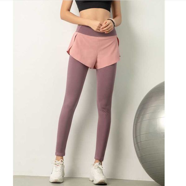

women's fake two-piece sports pants leisure stretch fitness running pants yoga exercise stretch breathable bottom riding, White;red