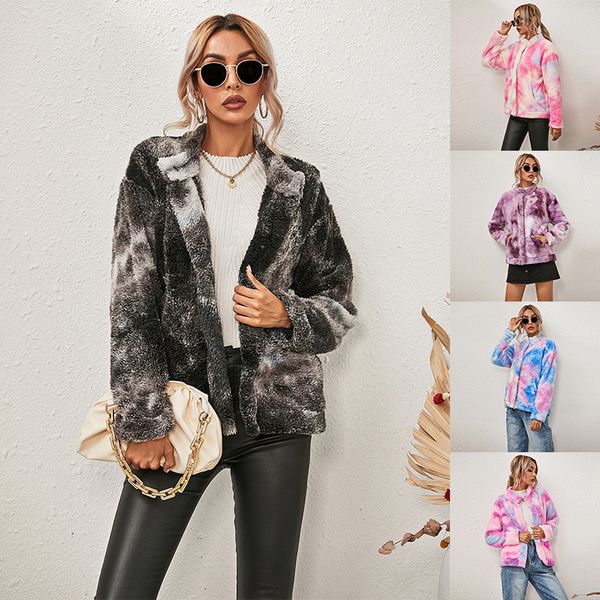 

2021 autumn/winternew tie-dye double-print long-sleeve teddy face loose-fitting fur coat ladies pink clothes fjmf, Black