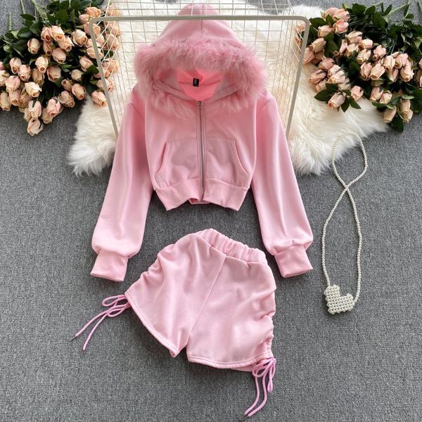 

women's tracksuits b679 sportswear suit fashion autumn sweet hooded long sleeve sweater short coat pleated drawstring shorts two-piece, Gray