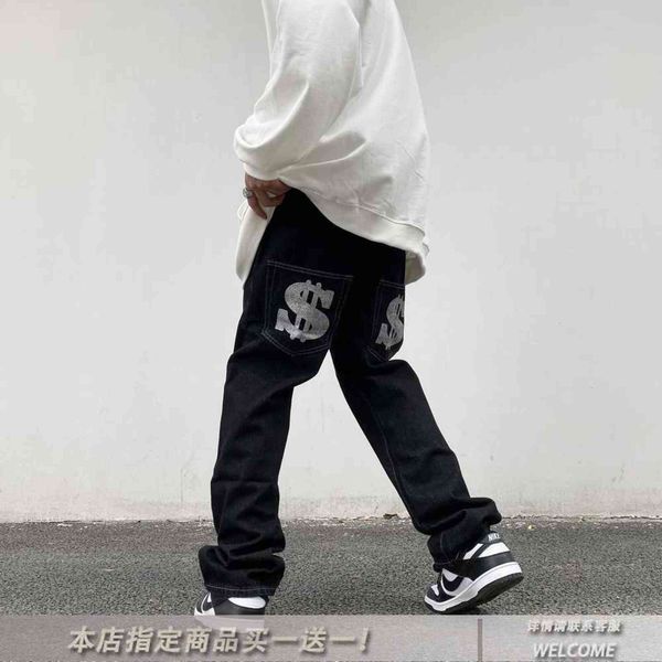 

high street style printed black jeans men's fashion brand loose straight tube fried street accumulation pants, Blue