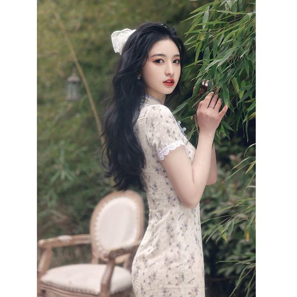 

ethnic clothing qipao chinese style girl cheongsam elegant temperament floral dress with slit buckle slim mid-length skirt 2021 summer, Red