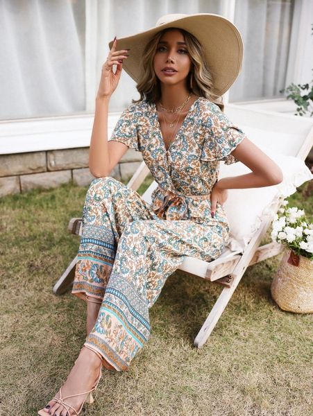 

floral print flutter sleeve belted jumpsuit s1zd#, White