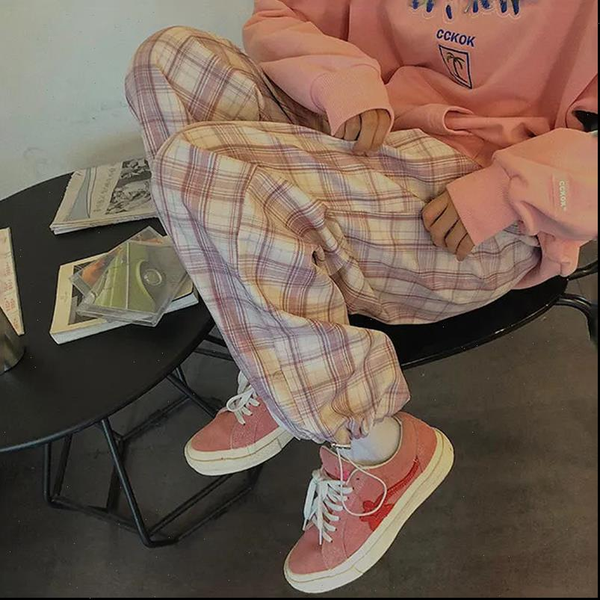 

plaid pants women autumn fashion 2020 pink high waist pants casual loose all match trousers plus hip hop harem pants womens, Black;white