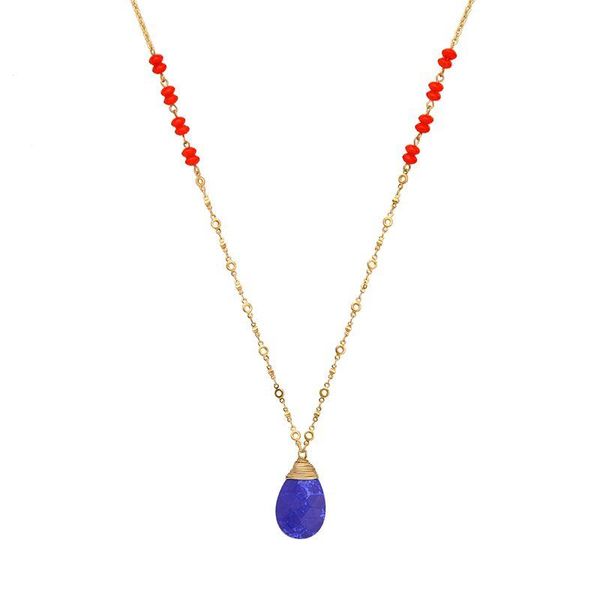 

pendant necklaces blue synthetic stone water drop necklace pendants gold color women fashion jewelry red beads chain, Silver