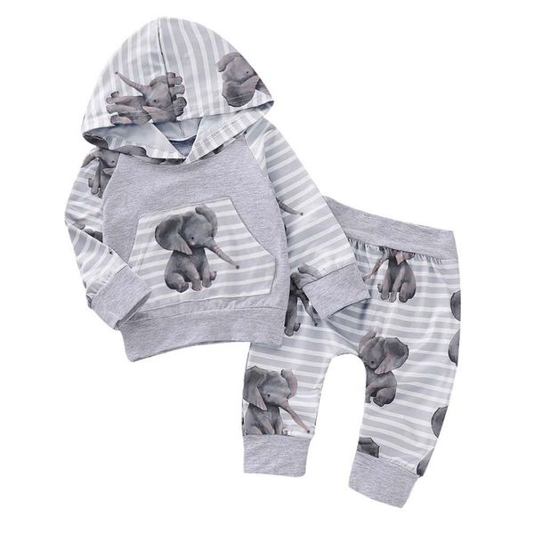 2 pcs Conjunto de traje recém-nascido Bebê menino menino capuz elefante tops tops calças tracksuit calças roupas conjuntos de roupas 210309