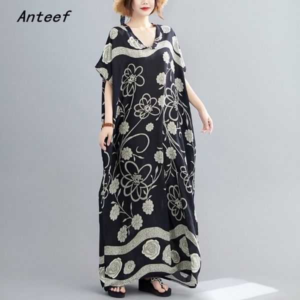 

cotton plus size vintage floral women casual loose maxi long summer beach sun dress elegant clothes 2021 ladies dresses sundress 210309, Black;gray