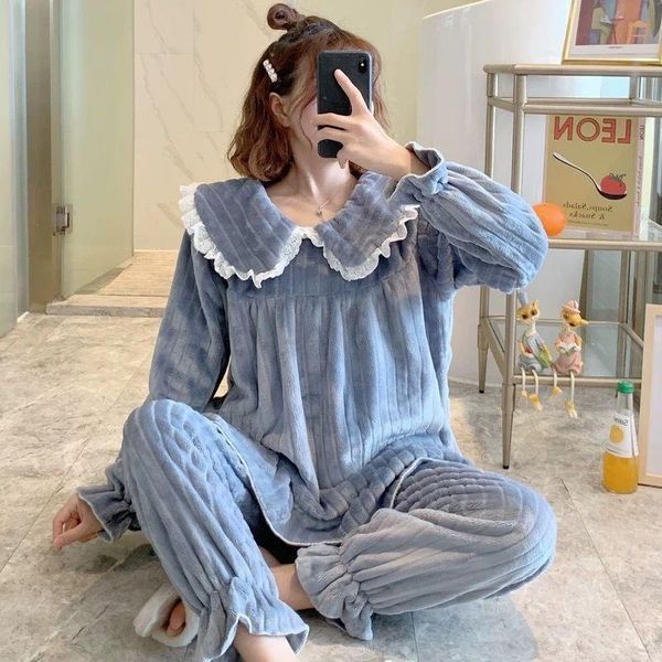 

women's two piece pants pajamas women winter coral fleece thickened warm autumn and korean students cute long-sleeved flannel home serv, White