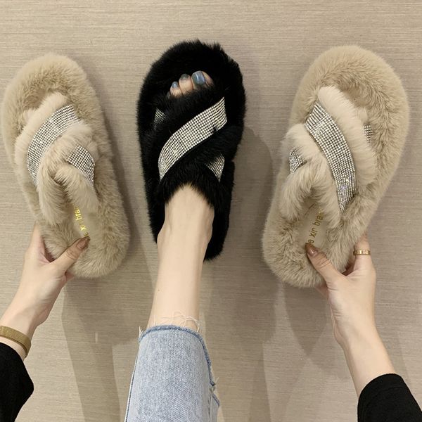 

women slippers faux fur winter warm comfortable women flats 2020 fashion sequins furry female home slides black plush slippers