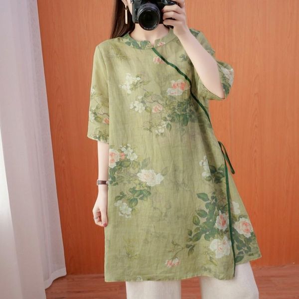 

women's t-shirt women summer cotton linen long t-shirts 2021 chinese style vintage floral print loose female half sleeve tees b473, White