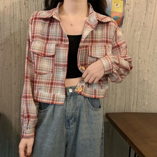 

women's blouses & shirts women crop spring fall long sleeve plaid pockets blusa mujer de moda feminina ulzzang korean harajuku fashion, White