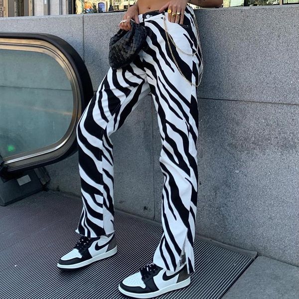 

women's pants & capris zebra print high waist stretch split long womens casual straight trousers fashion contrast color streetwear, Black;white