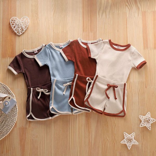 

children's new ins suit baby summer stitching pit strip khaki contrast shorts two piece set for boys and girls, White