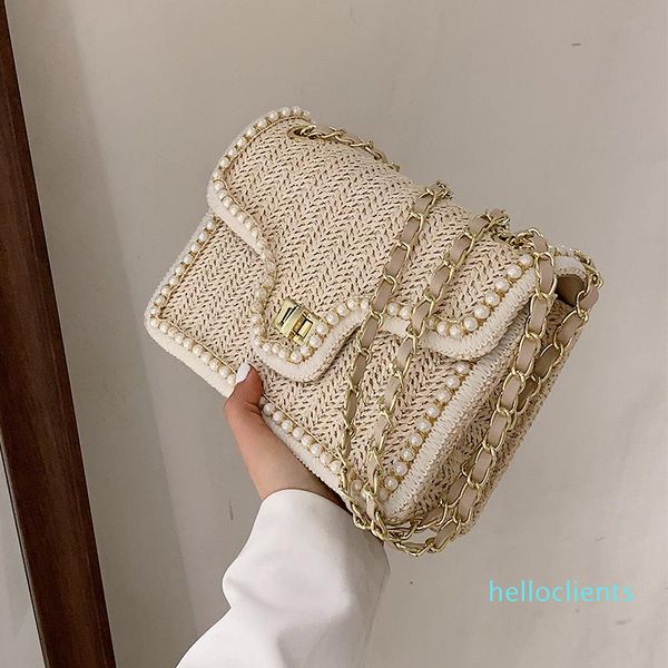 Cross Body Designer Pearl Chain Crossbody Bags para as mulheres Weave Weave Square Ombro Bolsa Bohemian Beach Bolsa Mulheres