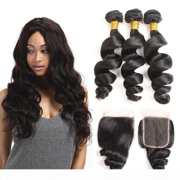 

viya 8a peruvian loose wave 3 bundles with 4*4 lace closure 8-20 inch medium brown 4pcs lot natural black color, Black;brown