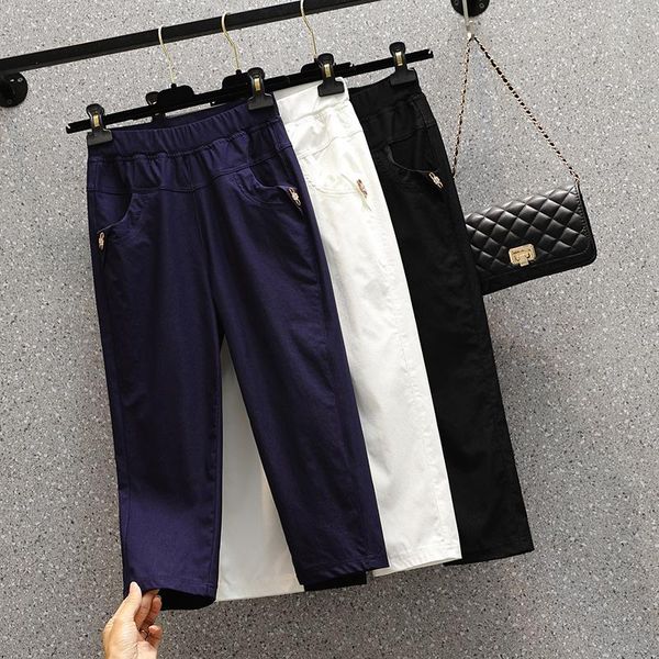 

plus size pants nkandby summer high waist elastic korean thin capris women's skinny solid color 100kg female large, Black