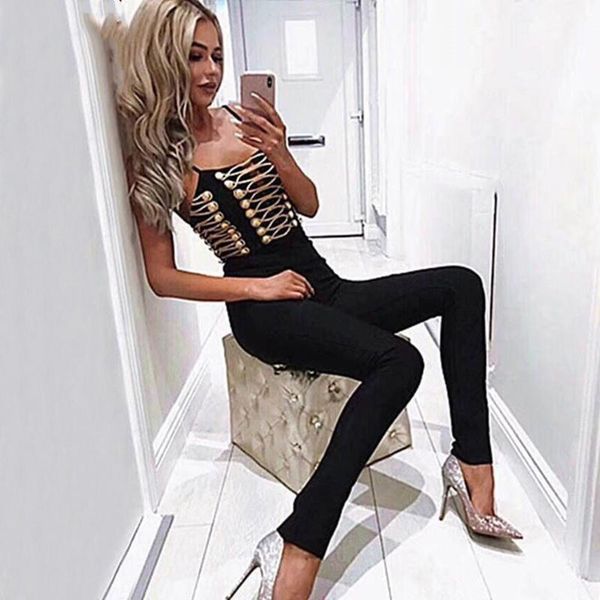 

women's jumpsuits & rompers dressbird est summer women jumpsuit spaghetti strap button lace up clubwear celebrity runway bodysuit, Black;white