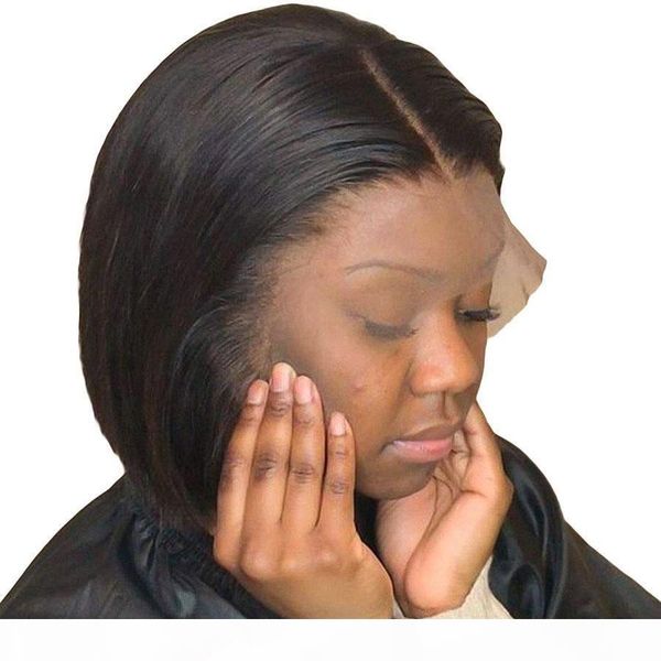 

silky straight short bob full lace wigs with bleached knots glueless brazilian lace front human hair wigs pre plucked hairline baby hair, Black