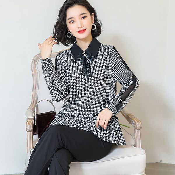 

women's blouses & shirts 3xl chiffon shirt women 2021 spring full sleeve square collar bodycon plaid blouse plus size blusa, White