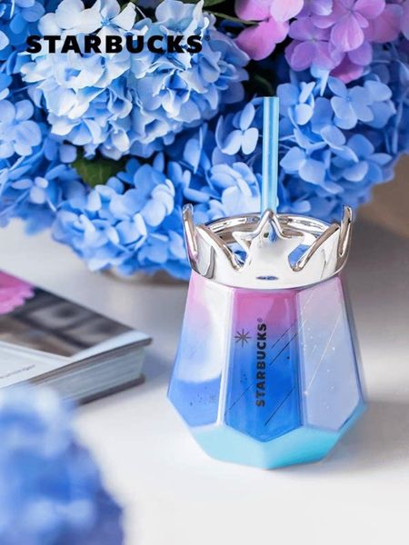 

2021 summer starbucks starry sky crown coffee mug 445ml blue purple gradient color deskceramic straw cup gift