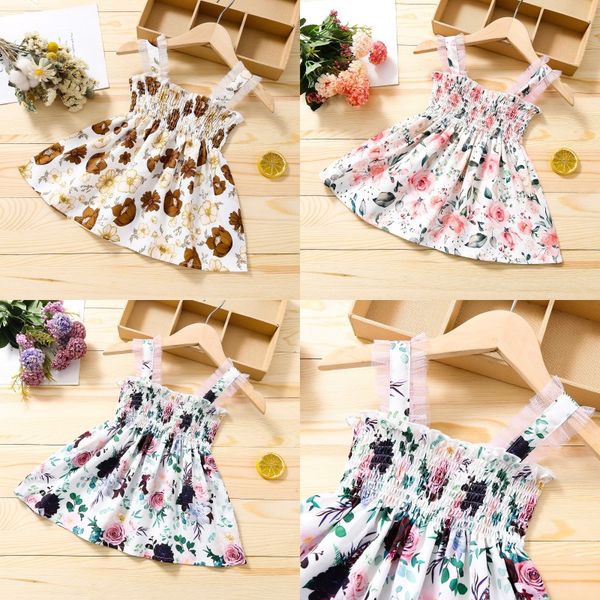 

baby flower printing dress fashion camisole splicing princess dresses gauze childrens wear girl kids summer 22ty y2, Red;yellow