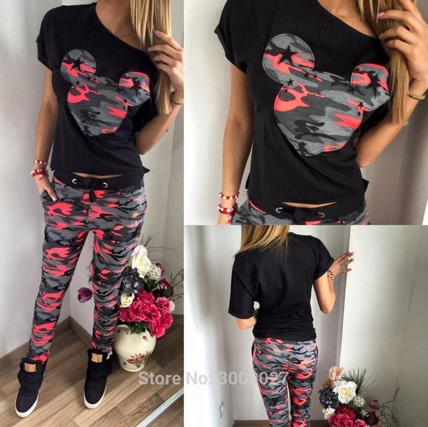 

2 pieces 2021 new brand women summer clothing tracksuit sets with short sleeve cotton t shirt and camouflage pants, Gray