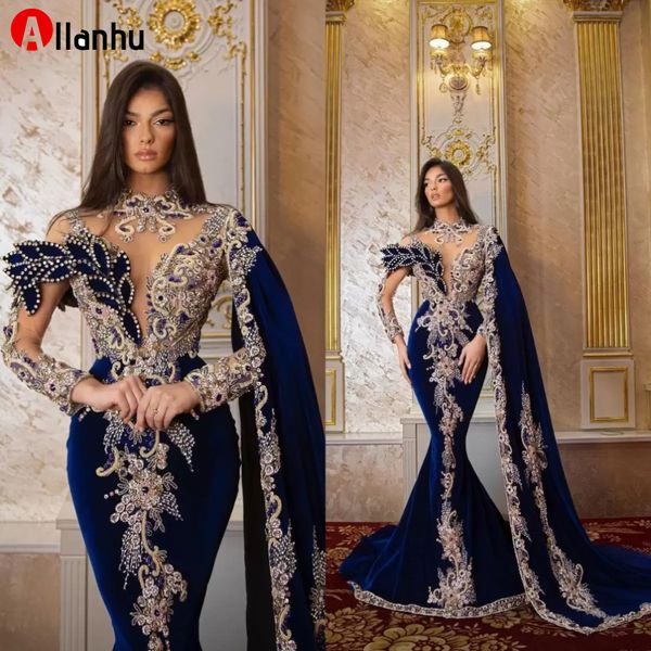 NOVO! 2022 Luxo Veludo Royal Azul Sereia Vestidos de Noite Beads Manga Longa Pescoço Festa de Aniversário Festa de Aniversário com Shawl personalizado feito