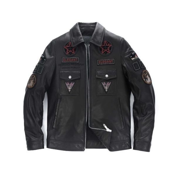 

men's leather & faux black embroidery patched shirt collar genuine jacket