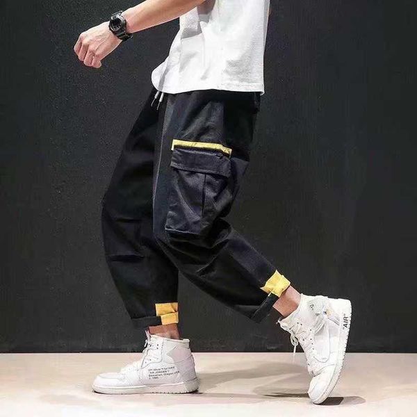 

men's pants 2021 pockets cargo harem mens casual joggers baggy tactical trousers harajuku streetwear hip hop fashion swag, Black