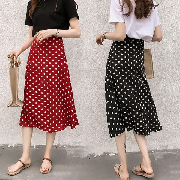 

skirts retro wave point chiffon skirt 2021 high waist slim a-line mid length dot swing, Black
