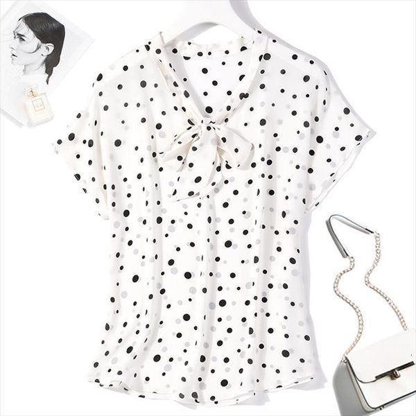 

100% pure silk womens shirt tie bow neck short sleeve white dots  l xl jn486