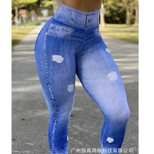 

women's leggings wepbel pencil tracksuits legging ripped print women high waist tight imitation denim fitness yoga pants skinny, Black