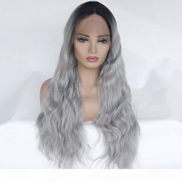 

wave synthetic hair lace frontal wig simulation human hair lace front wigs 14~26 inches ombre color 180713#1t0906, Black;brown