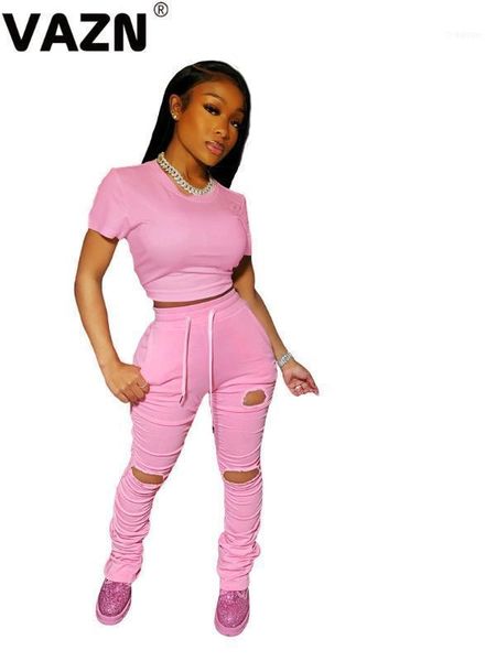 

sale 2021 summer lady 3 colors 2-piece long set short sleeve o-neck slim tees hole pants casual sets1, White