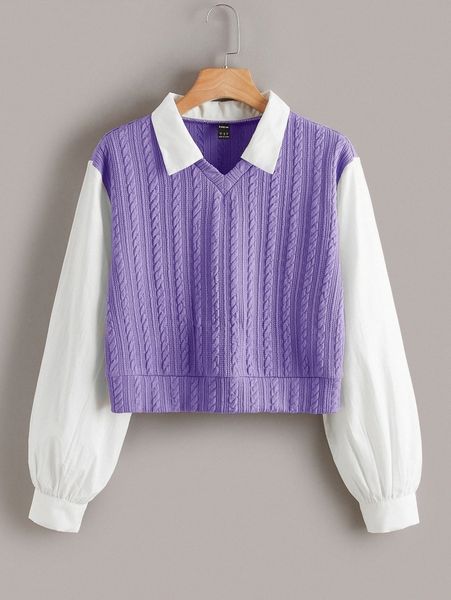 

contrast collar cable knit 2 in 1 blouse r1wi#, White