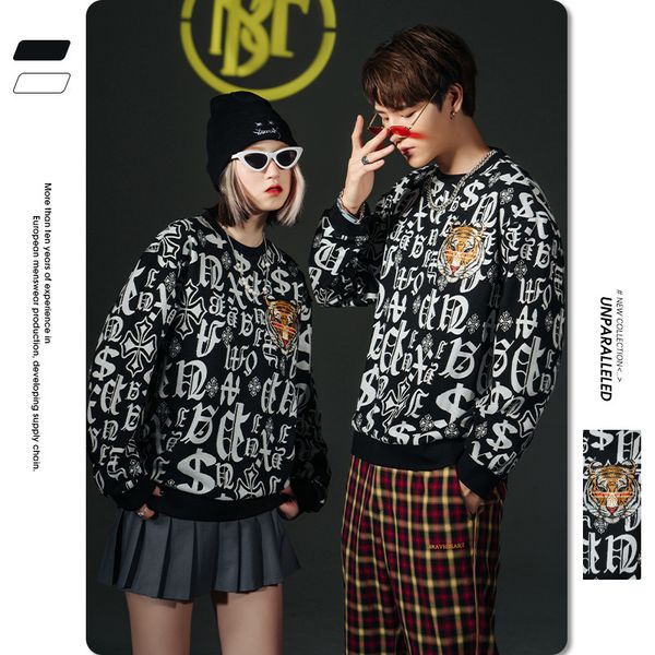 

chaopai autumn new men's et tiger head embroidery drill pullover round neck long sve couple's sweater, Black