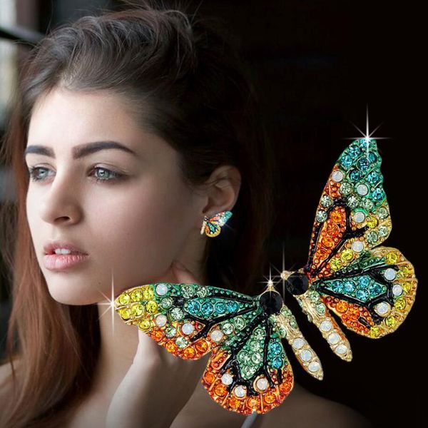 

colorful butterfly wing earrings charm 925 silver needle inlaid rhinestone personality earring girl fashion earrings jewelry, Golden
