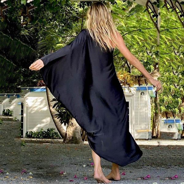 

casual dresses wepbel women's elegant satin irregular beach vacation dress ladies fashion long sleeve one shoulder slit, Black;gray