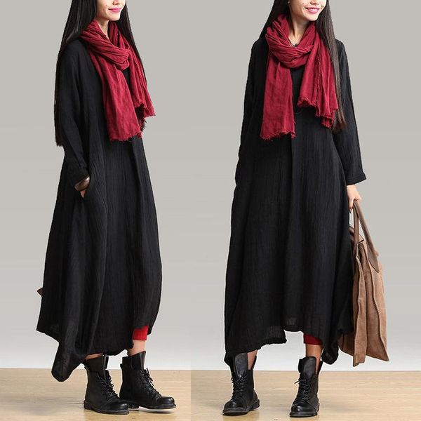 

casual dresses 2021 autumn women black color dress robe long sleeve v neck loose brief irregular ft817, Black;gray