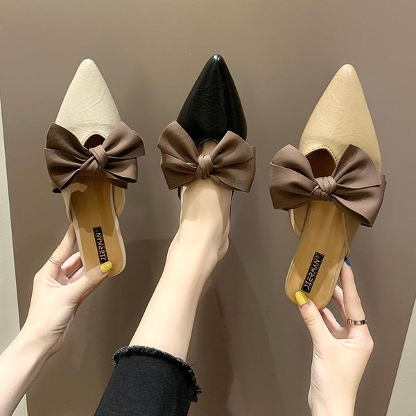 

slippers women sandals summer casual mules shoes pu leather outdoor fashion ladies low heels bowtie pointed toe xly, Black